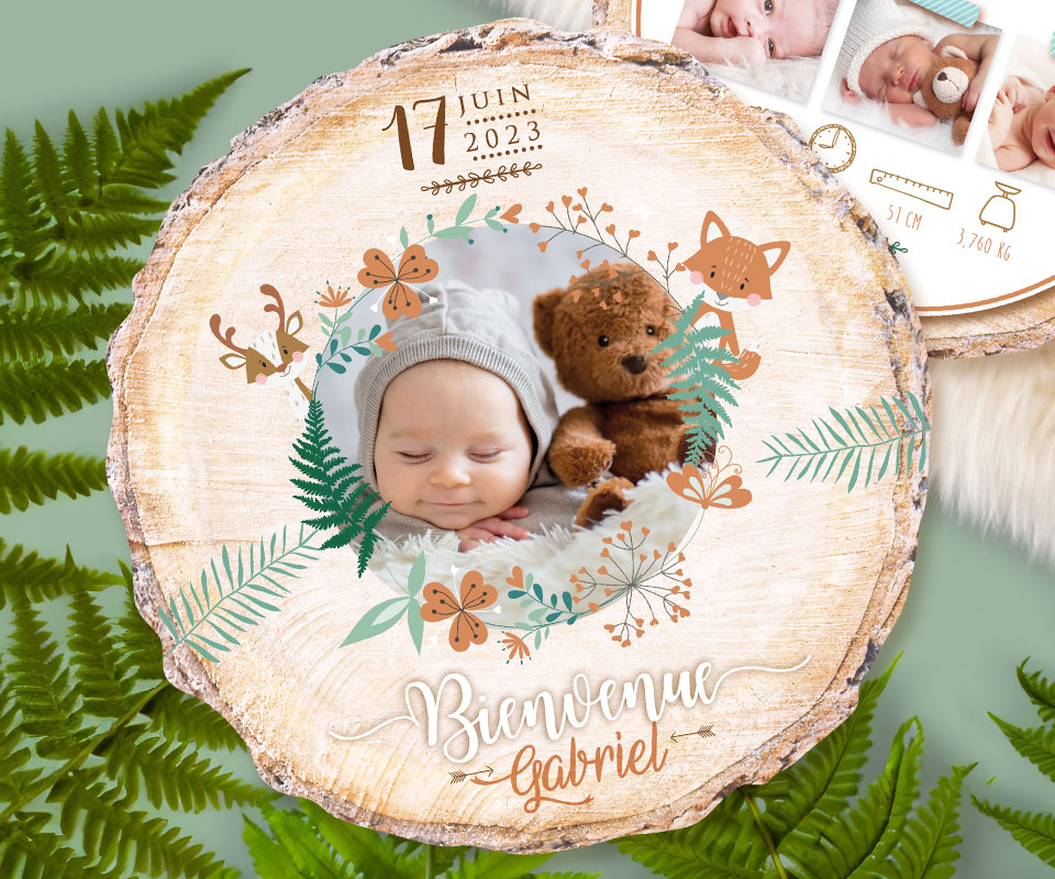 Faire-part de naissance forêt bois original avec photos et petit renard et biche. Découpé en forme de rondelle