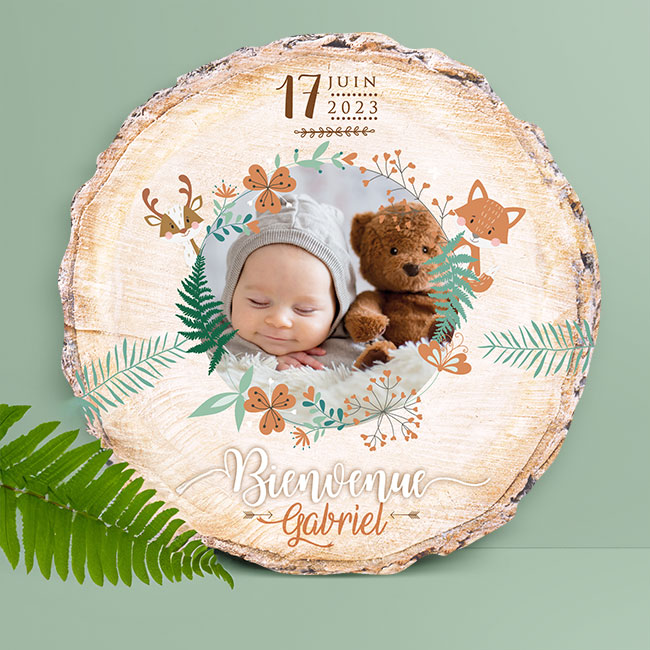 Faire-part de naissance forêt bois original avec photos et petit renard et biche. Découpé en forme de rondelle