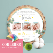 Faire-part de naissance original jaune et mint – papier cartonné découpé en forme de rondelle de bois avec les photos de votre bébé fille ou bébé garçon - modèle avec couronne de fleurs bohème jaune et mint tendre, poudré pastel - style champêtre chic, campagne rustique. Création : studio postscriptum