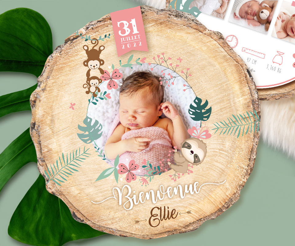 Faire-part de naissance jungle rose avec animaux original avec photos de votre bébé garçon, fille, jumeaux, jumelles. Carte découpée en rondelle de bois