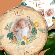 Faire-part de naissance safari animaux original avec photos de votre bébé garçon, fille, jumeaux, jumelles. Carte découpée en rondelle de bois