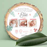 Faire-part de naissance jungle rose avec animaux original avec photos de votre bébé garçon, fille, jumeaux, jumelles. Carte découpée en rondelle de bois