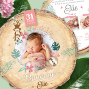 Faire-part de naissance jungle rose avec animaux original avec photos de votre bébé garçon, fille, jumeaux, jumelles. Carte découpée en rondelle de bois