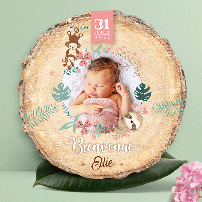 Faire-part de naissance jungle rose avec animaux original avec photos de votre bébé garçon, fille, jumeaux, jumelles. Carte découpée en rondelle de bois