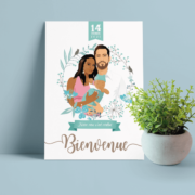 Faire-part de naissance original et doux - thème bohème romantique couleur bleu pastel poudré. Fond aspect kraft champêtre - Portraits famille - naissance bébé garçon - dessin d’après vos photos, caricature ou avatar - Annonce naissance bébé originale