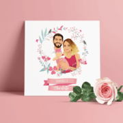 Faire-part de naissance original et doux - thème bohème romantique couleur rose pastel poudré. Portraits famille - naissance bébé fille - dessin d’après vos photos, caricature ou avatar - Annonce naissance bébé originale