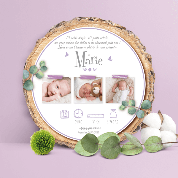 Faire-part de naissance original violet, parme, lilas – papier cartonné découpé en forme de rondelle de bois avec les photos de votre bébé fille ou bébé garçon - modèle avec couronne de fleurs bohème lilas tendre, poudré pastel - style champêtre chic, campagne rustique. Création : studio postscriptum