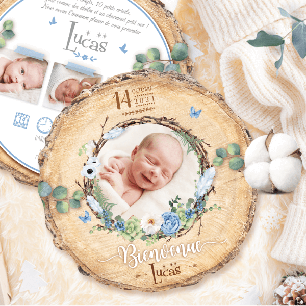 Faire-part de naissance original nid et plumes– papier cartonné découpé en forme de rondelle de bois avec les photos de votre bébé fille ou bébé garçon - modèle avec nid d’oiseau et plumes - couleur bleu tendre, poudré pastel - style champêtre chic, campagne rustique. Création : studio postscriptum