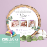 Faire-part de naissance original violet, parme, lilas – papier cartonné découpé en forme de rondelle de bois avec les photos de votre bébé fille ou bébé garçon - modèle avec couronne de fleurs bohème lilas tendre, poudré pastel - style champêtre chic, campagne rustique. Création : studio postscriptum