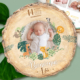 Faire-part de naissance safari animaux jungle original avec photos de votre bébé garçon, fille, jumeaux, jumelles. Carte découpée en rondelle de bois