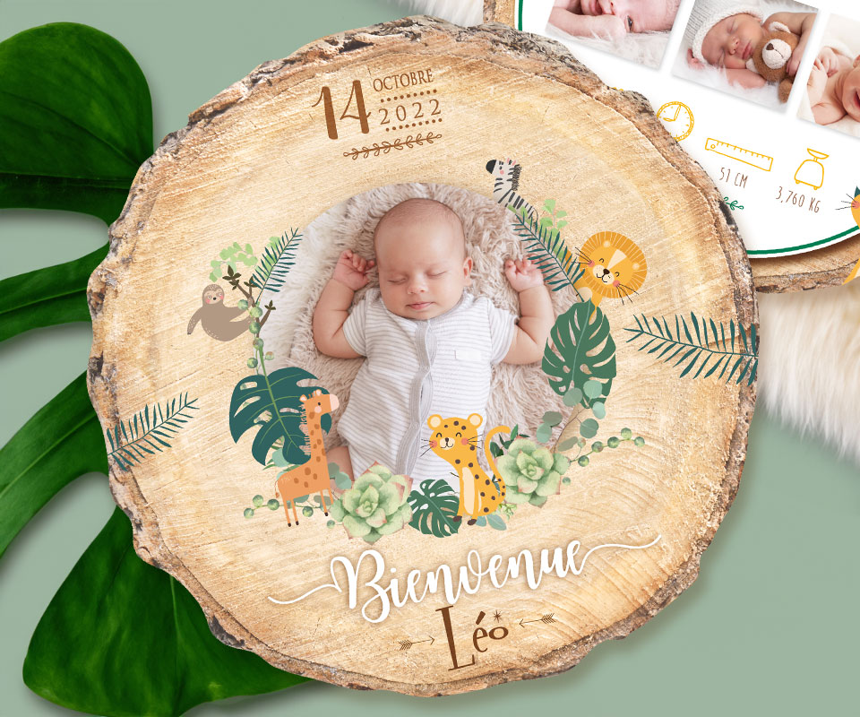 Faire-part de naissance safari animaux jungle original avec photos de votre bébé garçon, fille, jumeaux, jumelles. Carte découpée en rondelle de bois