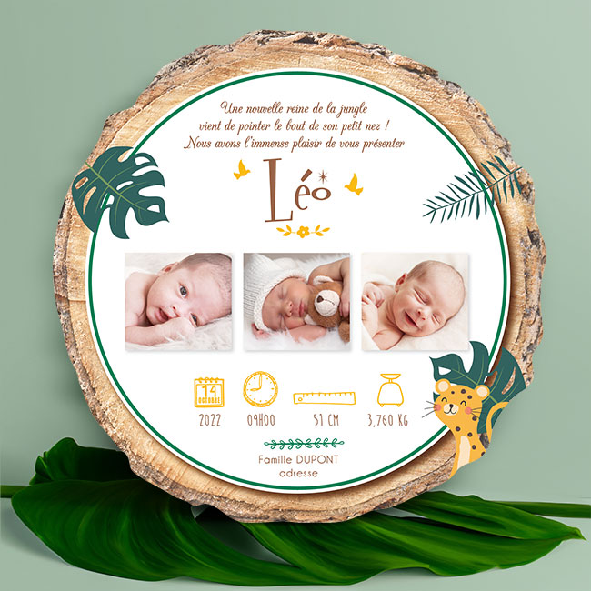 Faire-part de naissance safari animaux jungle original avec photos de votre bébé garçon, fille, jumeaux, jumelles. Carte découpée en rondelle de bois