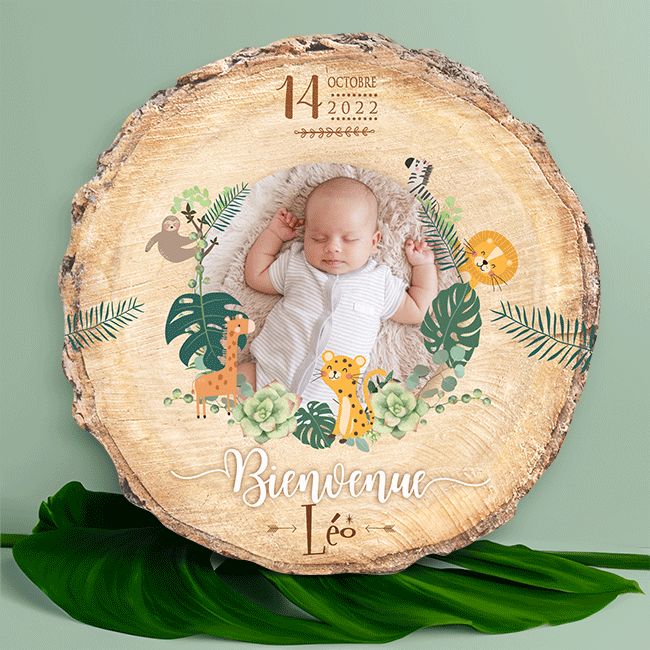 Faire-part de naissance safari animaux jungle original avec photos de votre bébé garçon, fille, jumeaux, jumelles. Carte découpée en rondelle de bois