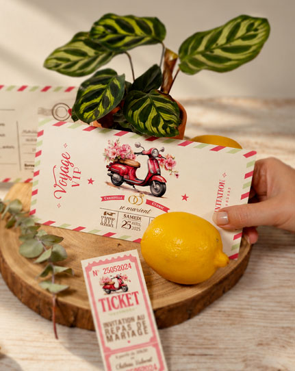 Invitation ou faire-part original sous forme de billets ou de tickets vintage.Thème Voyage bohème Dolce vita vintage avec mobylette vespa rouge et vert. Invitation aquarelle pour mariage, Baptême, anniversaire, bar mitzvah.