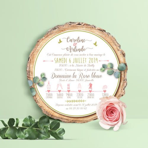 Faire-part de mariage champêtre - rondelle de bois pastel bohème -vintage fleurs couleurs pastel Vert mint, rose poudré, rose corail, vert eau