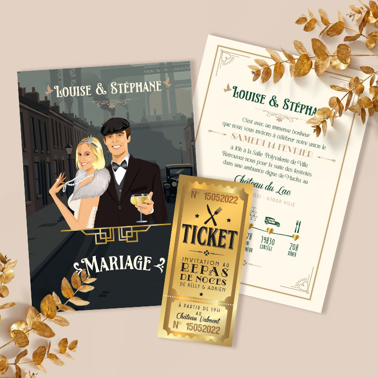 Faire-part de mariage thème Peaky Blinders et rétro chic avec illustrations personnalisées des mariés Shelby et ticket doré