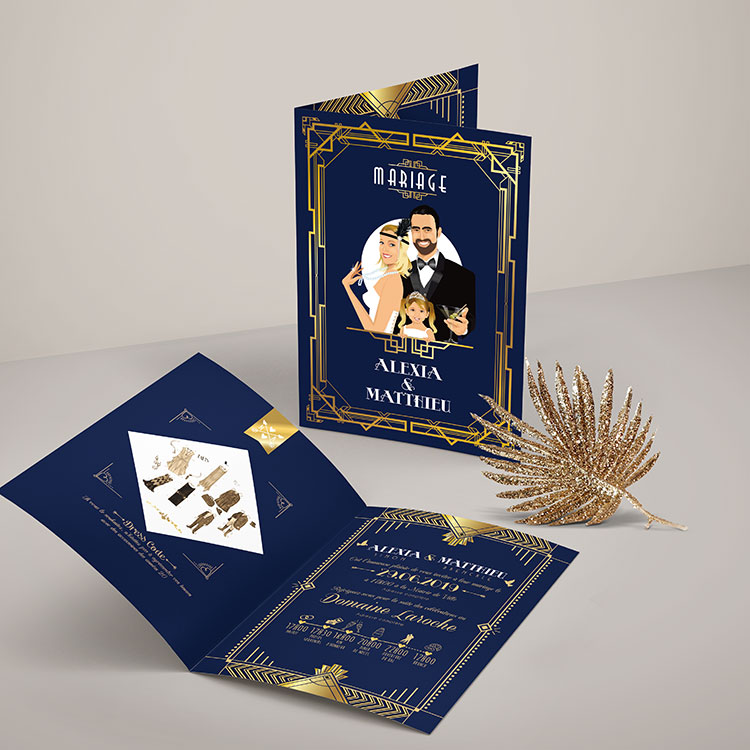 Faire-part de mariage thème rétro Gatsby - années 20 chic bleu foncé et or doré. Style rétro chic avec portraits en dessin personnalisés d’après vos photos