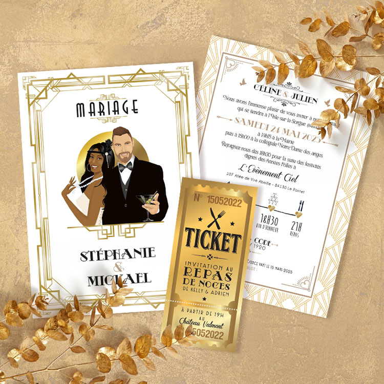 Faire-part de mariage original romantique et rétro d’après l’affiche de Gatsby le Magnifique blanc et or chic des années folles – tenue Charleston années 20