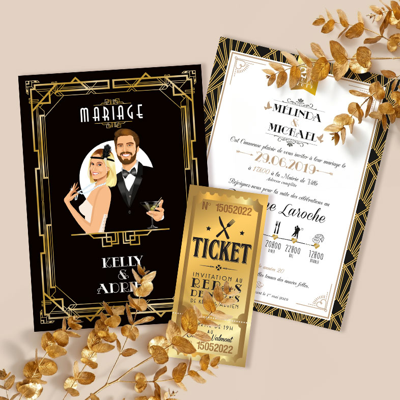 Faire-part de mariage thème rétro Gatsby - années 20 chic noir et or doré. Style rétro chic avec portraits en dessin personnalisés d’après vos photos