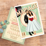 Faire-part de mariage sur le thème musique Rock aux couleurs pastel vintage – avec perfecto et robe à pois pour ajouter une touche Rock’n Love à votre mariage