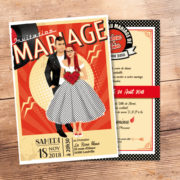 Faire-part de mariage rock à billy rock n' roll rétro vintage 50 60 - Faire-part, invitation ou save the date cuir et vinyle Portraits dessin caricature - chic vintage et romantique.