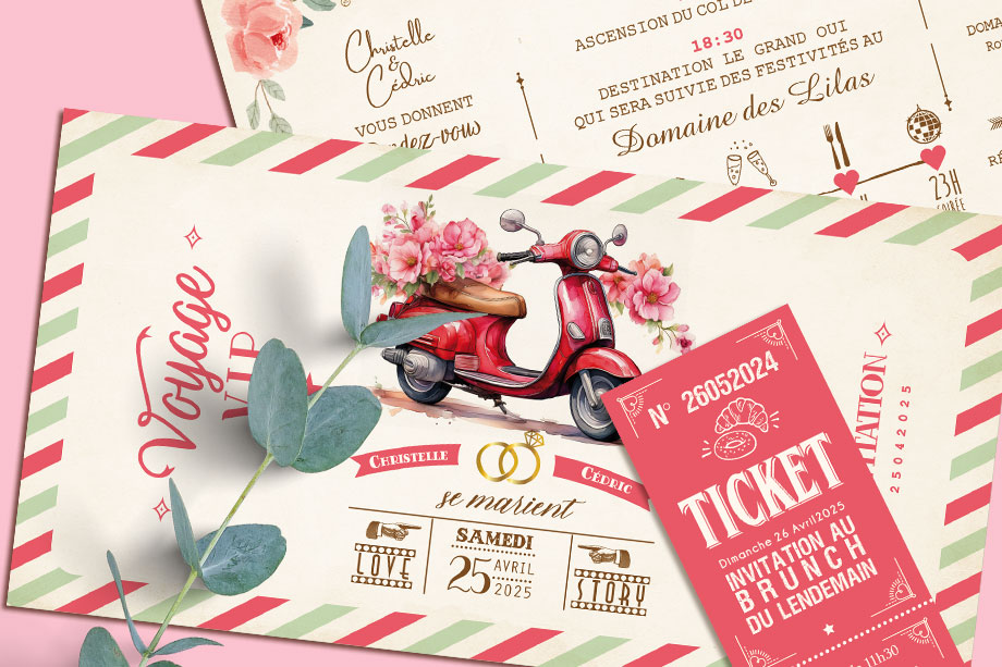 Faire-part original sous forme de billets ou de tickets vintage.Thème Voyage bohème Dolce vita vintage avec mobylette vespa rouge et vert. Invitation aquarelle pour mariage, Baptême, anniversaire, bar mitzvah.
