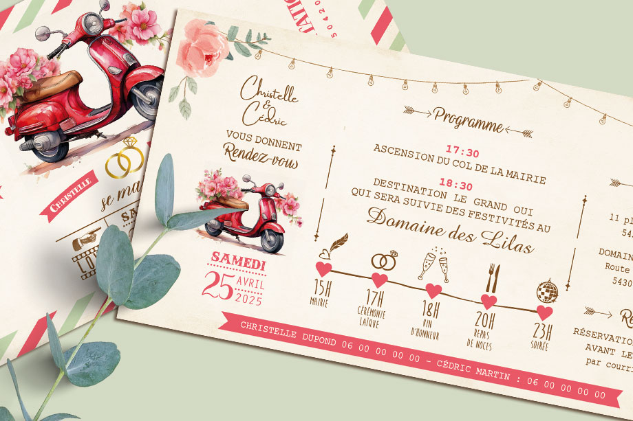 Faire-part original sous forme de billets ou de tickets vintage.Thème Voyage bohème Dolce vita vintage avec mobylette vespa rouge et vert. Invitation aquarelle pour mariage, Baptême, anniversaire, bar mitzvah.