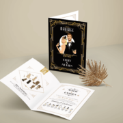 Faire-part de mariage original romantique et rétro d’après l’affiche de Gatsby le Magnifique noir et or chic des années folles – tenue Charleston années 20