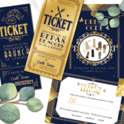 Faire-part de mariage chic et élégant - thème rétro Gatsby - années 20 chic bleu foncé et doré. Ticket cinéma vintage - style 20’s charleston rétro chic, et carte dress code années 20, ticket repas et ticket brunch. Coupons repas et coupon réponse pour invitation de mariage chic et élégant, bleu, noir et or Invitation pour mariage original - Une création par Pamela Gonzalez pour le Studio Postscriptum