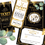 Faire-part de mariage chic et élégant - thème rétro Gatsby - années 20 chic noir et doré. Ticket cinéma vintage - style 20’s charleston rétro chic, et carte dress code années 20, ticket repas et ticket brunch. Coupons repas et coupon réponse pour invitation de mariage chic et élégant, noir et or Invitation pour mariage original - Une création par Pamela Gonzalez pour le Studio Postscriptum