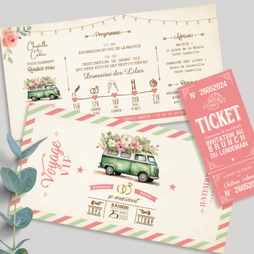 invitation-boheme-combi-van-voyage Vous recherchez un faire-part de mariage bohème pastel autour du thème du voyage vanlife sous forme de billets ou de tickets vintage. Voici un modèle parfait avec un van combi volkswagen pastel. Invitation vanlife pour mariage, Baptême, anniversaire, bar mitzvah.