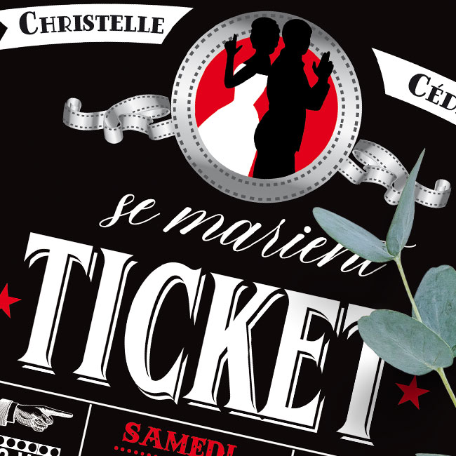 Faire-part original sous forme de billets ou de tickets de cinéma vintage rétro. Thème Cinéma vintage avec bobine de film. Avec ticket d'or pour le repas. Invitation noir blanc et rouge pour mariage, Baptême, anniversaire, bar mitzvah.