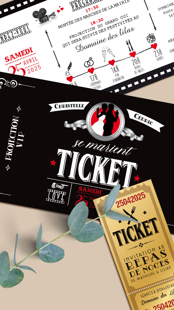 Faire-part original sous forme de billets ou de tickets de cinéma vintage rétro. Thème Cinéma vintage avec bobine de film. Avec ticket d'or pour le repas. Invitation noir blanc et rouge pour mariage, Baptême, anniversaire, bar mitzvah.