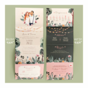 Faire-part de mariage bohème chic nature original – thème boho jardin guinguette vintage pastel - Invitation avec portrait de couple - dessin d’après vos photos. Vieux rose, vert foncé et mint