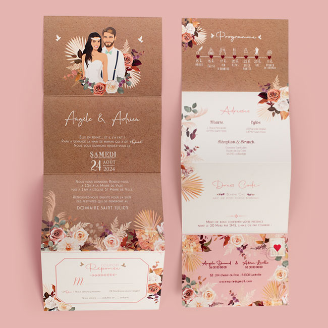 Faire-part de mariage champêtre nature kraft avec fleurs pampa sur fond kraft original - Invitation avec portrait de couple - dessin d’après vos photos. Vieux rose, vert foncé boho