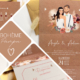 Faire-part de mariage champêtre nature kraft avec fleurs pampa sur fond kraft original - Invitation avec portrait de couple - dessin d’après vos photos. Vieux rose, vert foncé boho