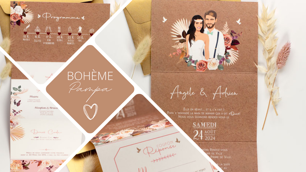 Faire-part de mariage champêtre nature kraft avec fleurs pampa sur fond kraft original - Invitation avec portrait de couple - dessin d’après vos photos. Vieux rose, vert foncé boho