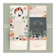 Faire-part de mariage bohème chic original couleur rose poudré, pêche abricot, orange corail, vert foncé et vert mint. Invitation originale rétro garden party