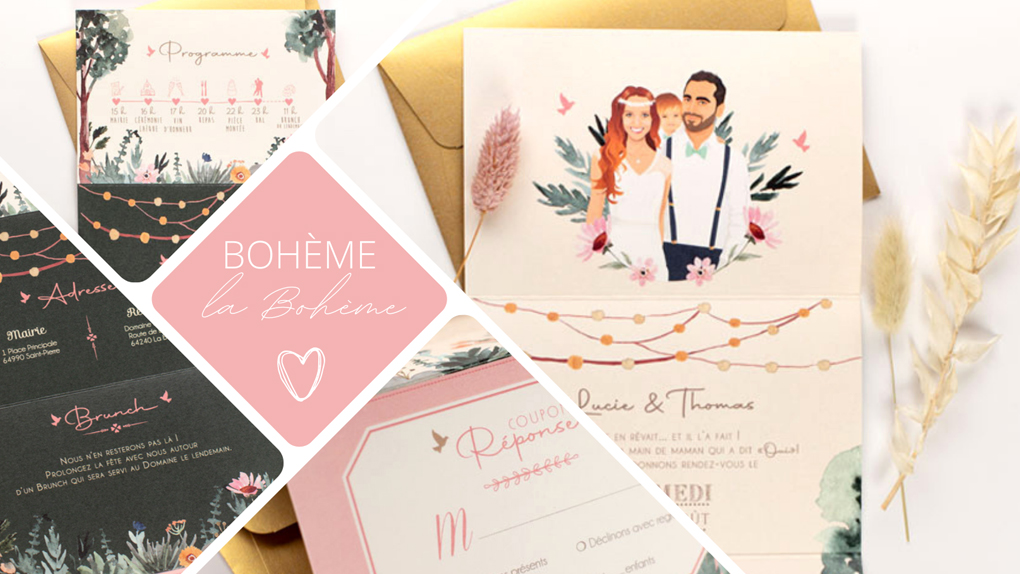 Faire-part de mariage bohème guinguette chic original – thème boho jardin vintage pastel - Invitation avec portrait de couple - dessin d’après vos photos. Vieux rose, vert foncé et mint