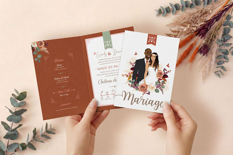 Faire-part Bohème terracotta original sous forme de billets ou de tickets vintage.Thème Voyage bohème vintage avec van combi volkswagen terracotta et fleurs de pampa Invitation vanlife pour mariage, Baptême, anniversaire, bar mitzvah