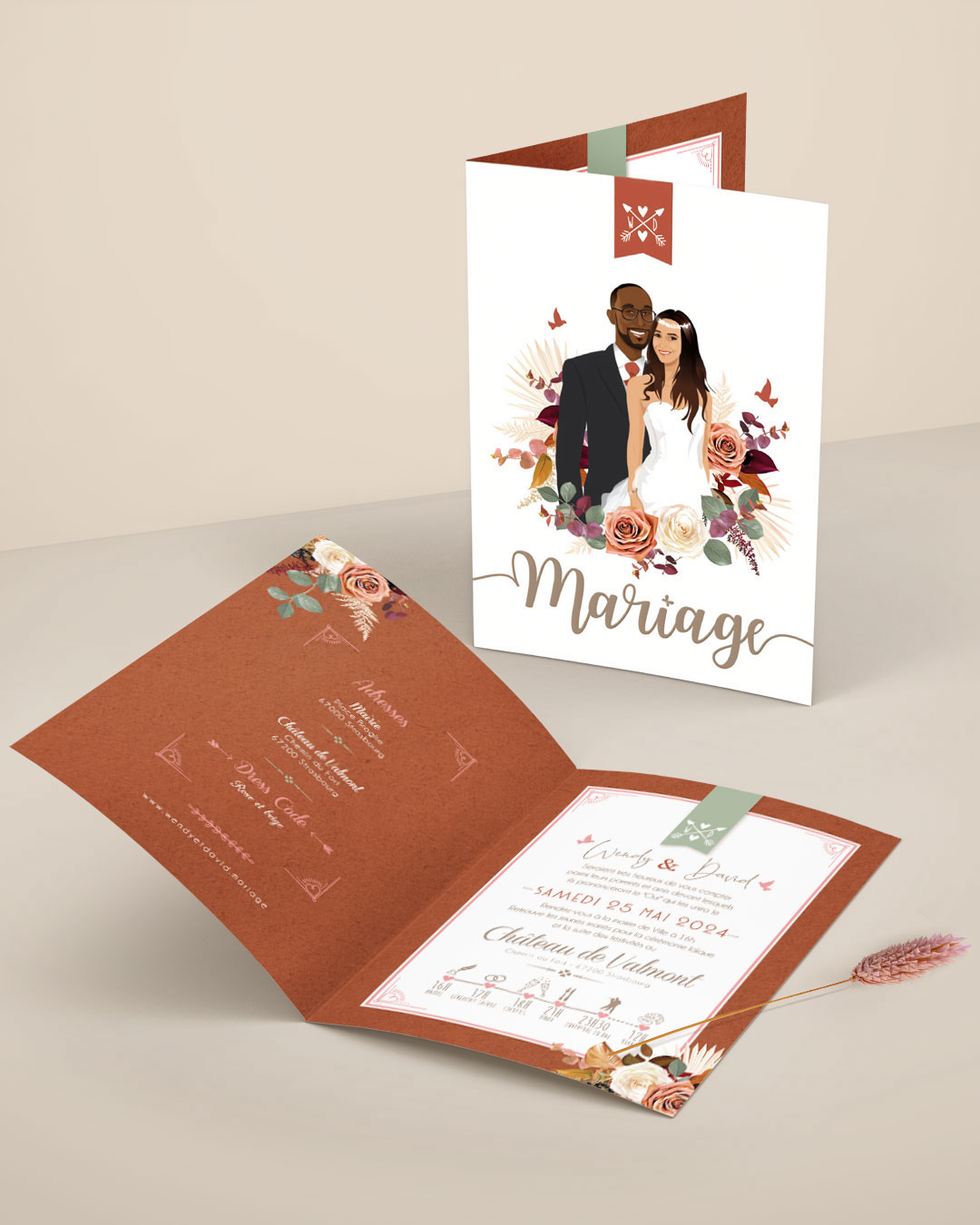 Faire-part Bohème chic terracotta original avec vos portraits dessinés d’après vos photos. Couleurs terracotta, beige et vert sauge. Avec fleurs de pampa et fleurs séchées. Invitation personnalisable pour mariage, Baptême, anniversaire, bar mitzvah