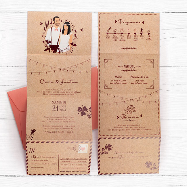 Faire-part de mariage champêtre original – thème campagne guinguette vintage kraft et dessins doodle - Invitation de mariage avec portrait de couple - dessin d’après vos photos. kraft marron avec coupon réponse