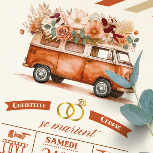 Faire-part original sous forme de billets ou de tickets vintage.Thème Voyage bohème vintage avec van combi volkswagen terracotta et fleurs de pampa Invitation vanlife pour mariage, Baptême, anniversaire, bar mitzvah.