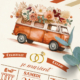 Faire-part original sous forme de billets ou de tickets vintage.Thème Voyage bohème vintage avec van combi volkswagen terracotta et fleurs de pampa Invitation vanlife pour mariage, Baptême, anniversaire, bar mitzvah.