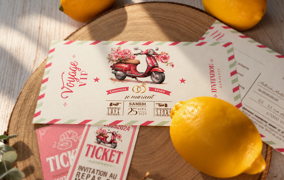 Invitation ou faire-part original sous forme de billets ou de tickets vintage.Thème Voyage bohème Dolce vita vintage avec mobylette vespa rouge et vert. Invitation aquarelle pour mariage, Baptême, anniversaire, bar mitzvah.