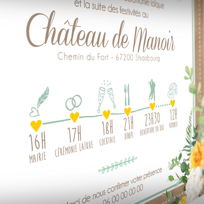 Faire-part de mariage jaune et vert sauge bohème avec pampa et fleurs nature original - programme avec dessins et horaires