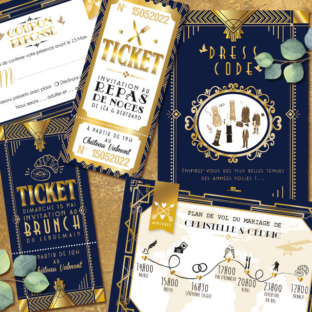 Invitation ticket de mariage rétro années 20 bleu et or - thème années folles, Gatsby, Peaky Blinders original avec décoration art déco. Ticket repas, ticket brunch, coupon réponse et dress code