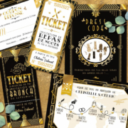 Invitation ticket de mariage rétro années 20 noir et or doré - thème années folles, Gatsby, Peaky Blinders original avec décoration art déco. Ticket repas, ticket brunch, coupon réponse et dress code