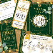 Invitation ticket de mariage rétro années 20 vert et or - thème années folles, Gatsby, Peaky Blinders original avec décoration art déco. Ticket repas, ticket brunch, coupon réponse et dress code