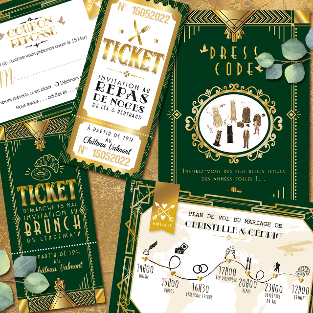 Invitation ticket de mariage rétro années 20 vert et or - thème années folles, Gatsby, Peaky Blinders original avec décoration art déco. Ticket repas, ticket brunch, coupon réponse et dress code